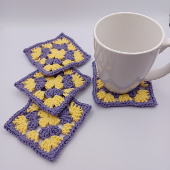 Handcrafted Cotton Coasters - Set of 4 - Purple and Yellow - Picture 6 of 7